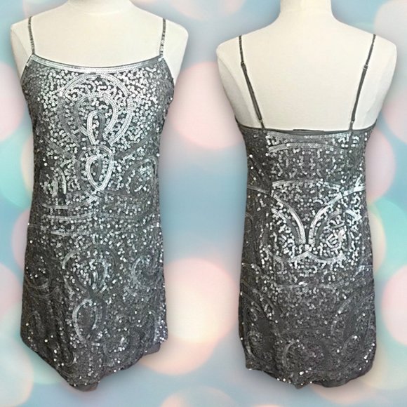 BCBGMAXAZRIA Women’s Silver Sequin Spaghetti Strap Slip Mini Dress Size 4 - Picture 1 of 5